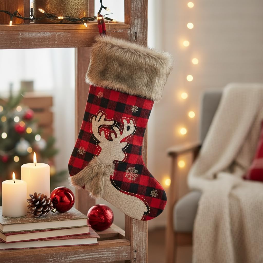 Comfy Hour 20 Inch Deer Christmas Stocking, Buffalo Plaid, 1 Piece