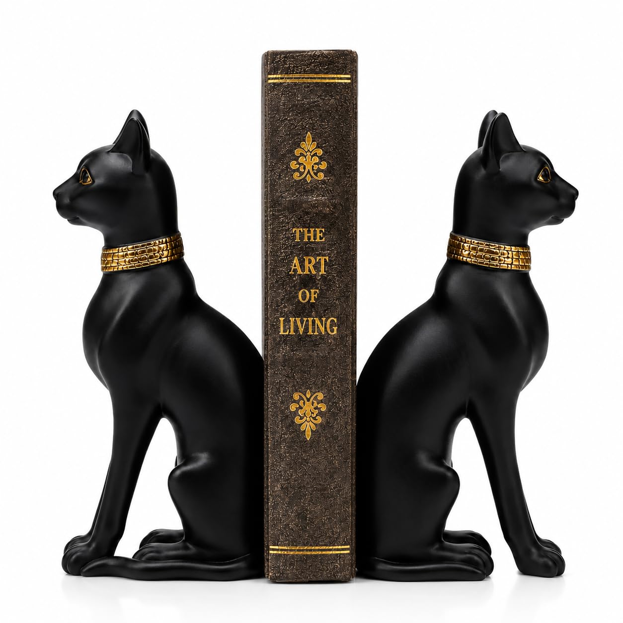 Comfy Hour Farmhouse Home Decor Collection Polyresin Solid Heavy Set of L/R Egyptian Cats Art Bookends, 1 Pair, Black