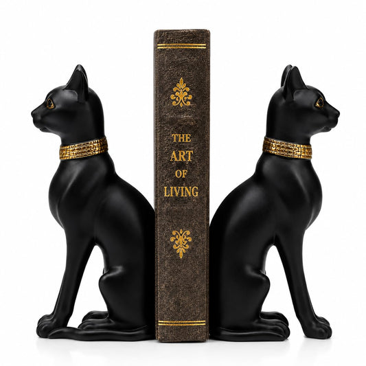 Comfy Hour Farmhouse Home Decor Collection Polyresin Solid Heavy Set of L/R Egyptian Cats Art Bookends, 1 Pair, Black
