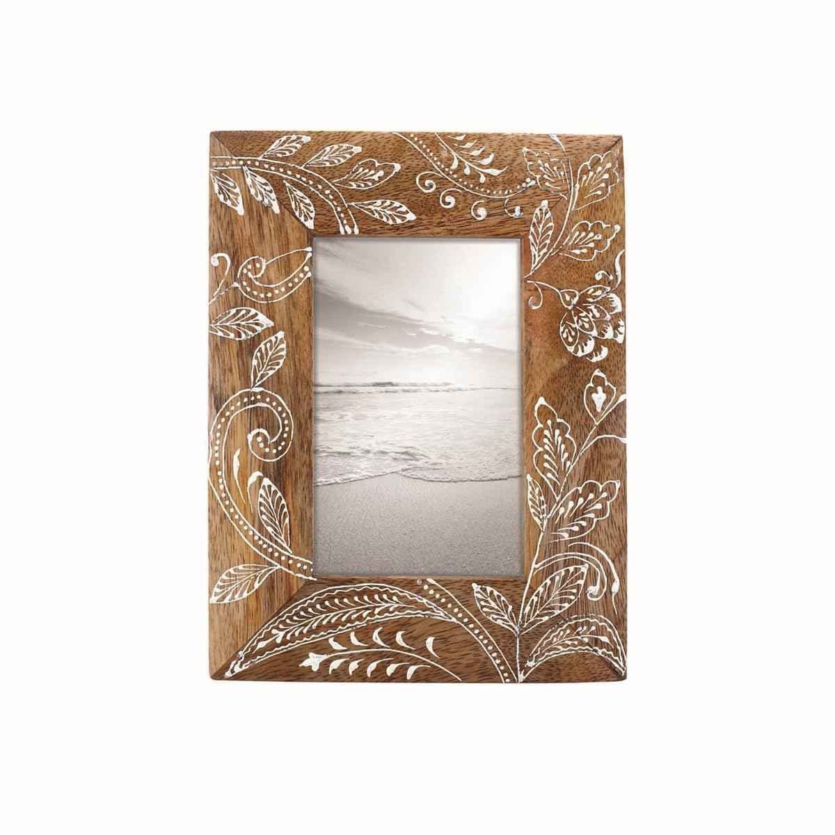 Foreside Home and Garden Natural 4 x 6 inch Floral Pattern Decorative Wood Picture Frame, 4x6, Brown