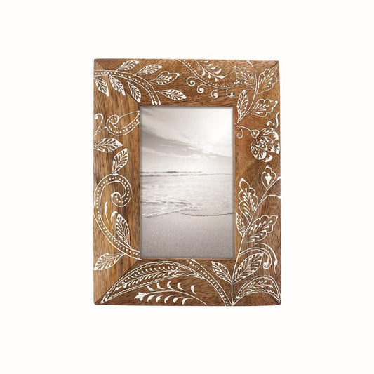 Foreside Home and Garden Natural 4 x 6 inch Floral Pattern Decorative Wood Picture Frame, 4x6, Brown