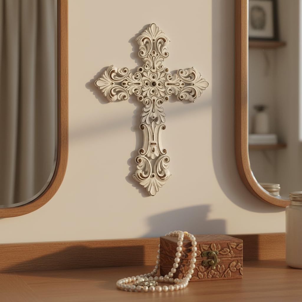 Comfy Hour 12 Inch Wall Cross, White Floral Cross Wall Decor