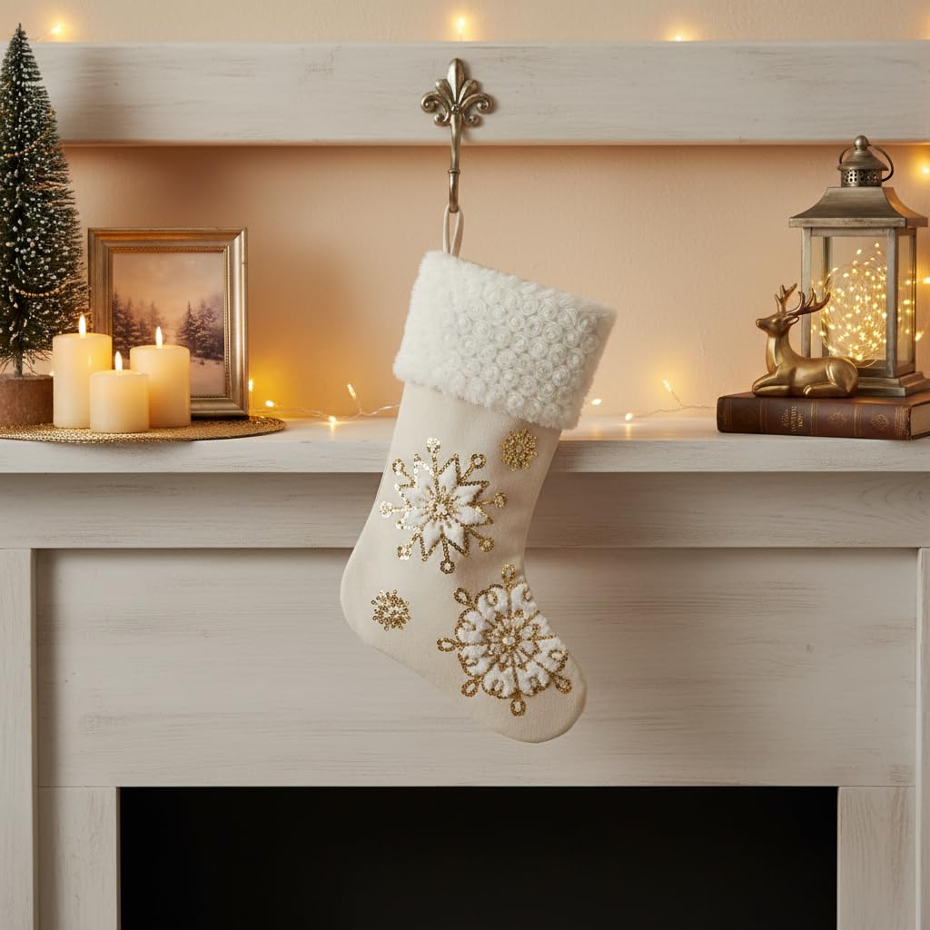 Comfy Hour 18 Inch Christmas Stocking, Gold Snowflake Decor