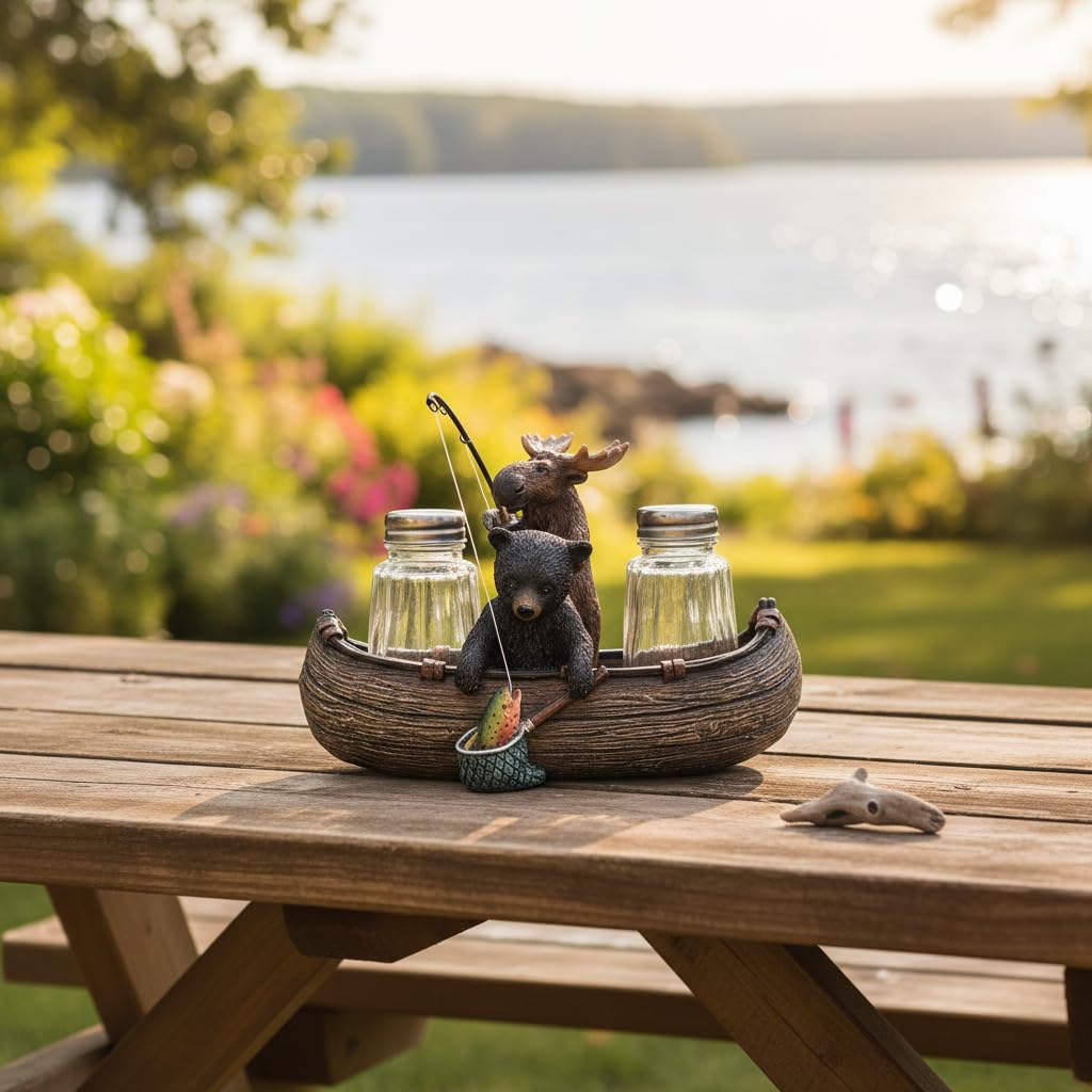Comfy Hour 6.7 Inch Bear Salt and Pepper Shakers, Moose Canoe Holder