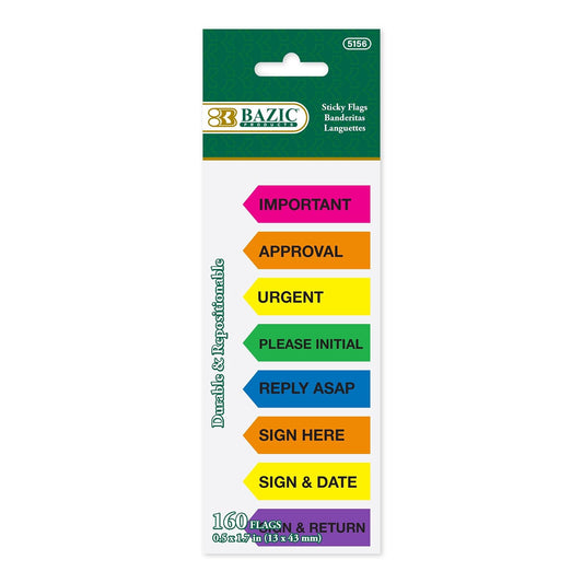 BAZIC Neon Page Markers 0.5x1.7 Neon Colored PET Printed Arrow Flag Index Tabs, Sticky Notes Page Marker Bookmarks File Tab (160 Flags/Pack), 1-Pack