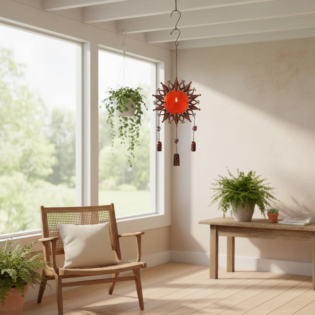 Comfy Hour Sun Moon Face Engraved Collection 23" Red Brown Copper Metal Art Sunface Hanging Wind Chime for Home and Garden