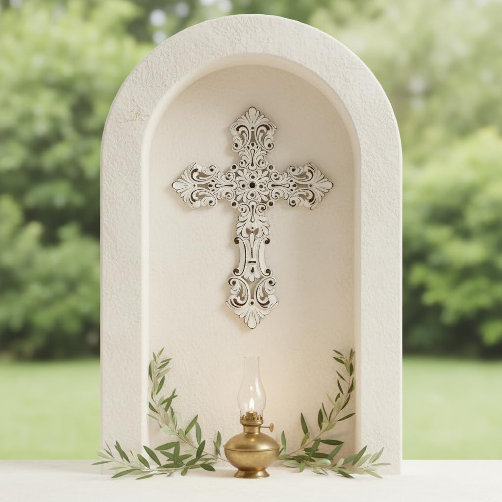 Comfy Hour 12 Inch Wall Cross, White Floral Cross Wall Decor