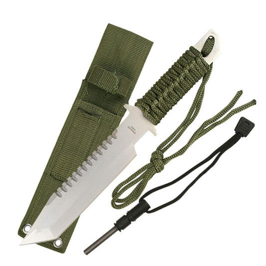 Master Cutlery Survivor HK-106280 Fixed Blade Outdoor Knife, Tanto Blade, Green Cord-Wrapped Handle, 11-Inch Overall