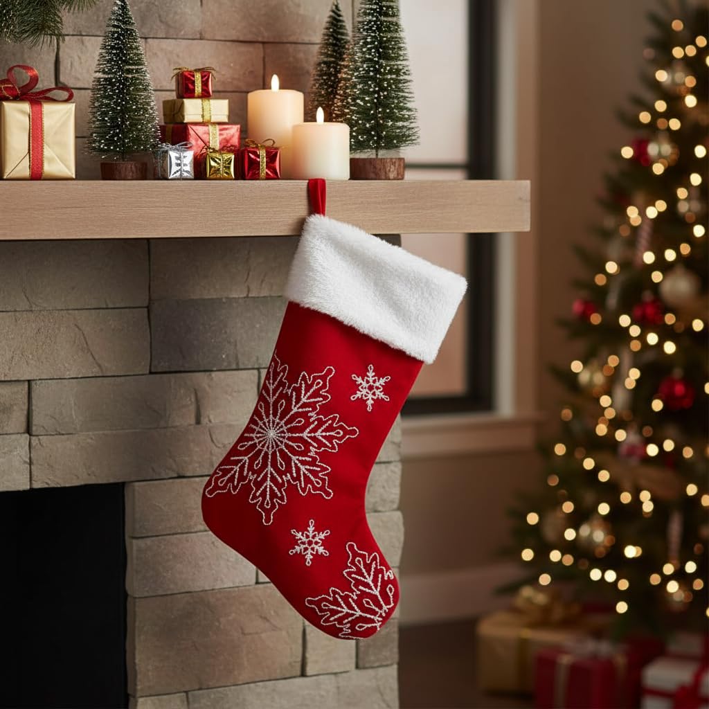Comfy Hour Winter Holiday Home Collection 18"x11" Christmas Winter Snowflake Stocking, Red, Polyester