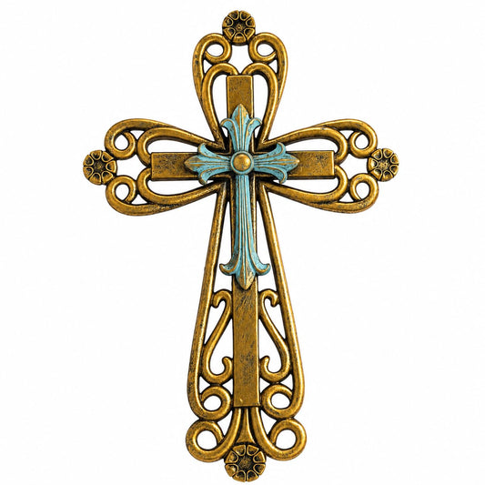 Comfy Hour 13 Inch Cross Wall Decor, Bronze Turquoise Christian Cross