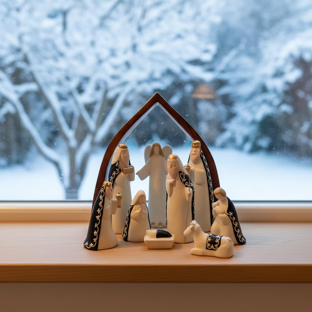Comfy Hour Faith and Hope Collection Baby Jesus, Holy Family with Angel, Christmas Nativity Scene Figurine, Stable Set of 9 Pieces, Polyresin