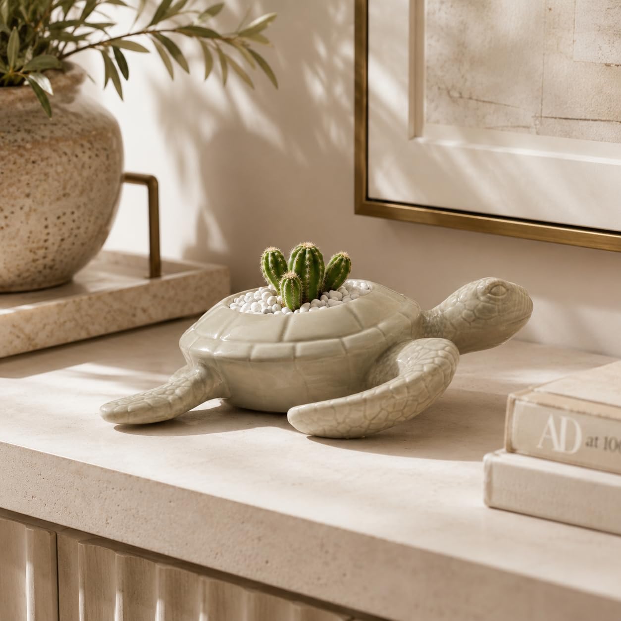 Comfy Hour 9" Ceramic Turtle Succulent Planter Flower Bud Pot Decorative Vase Small Plant Container, Palegreen