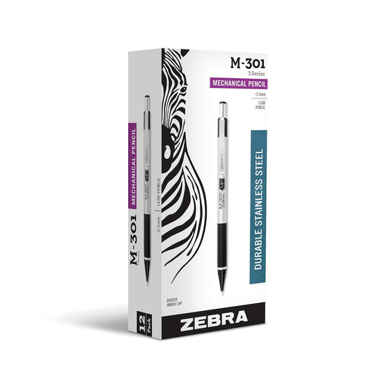 Zebra Pen M-301 Mechanical Pencil, Stainless Steel Barrel, Fine Point, 0.5mm, Black Grip, 12-Pack