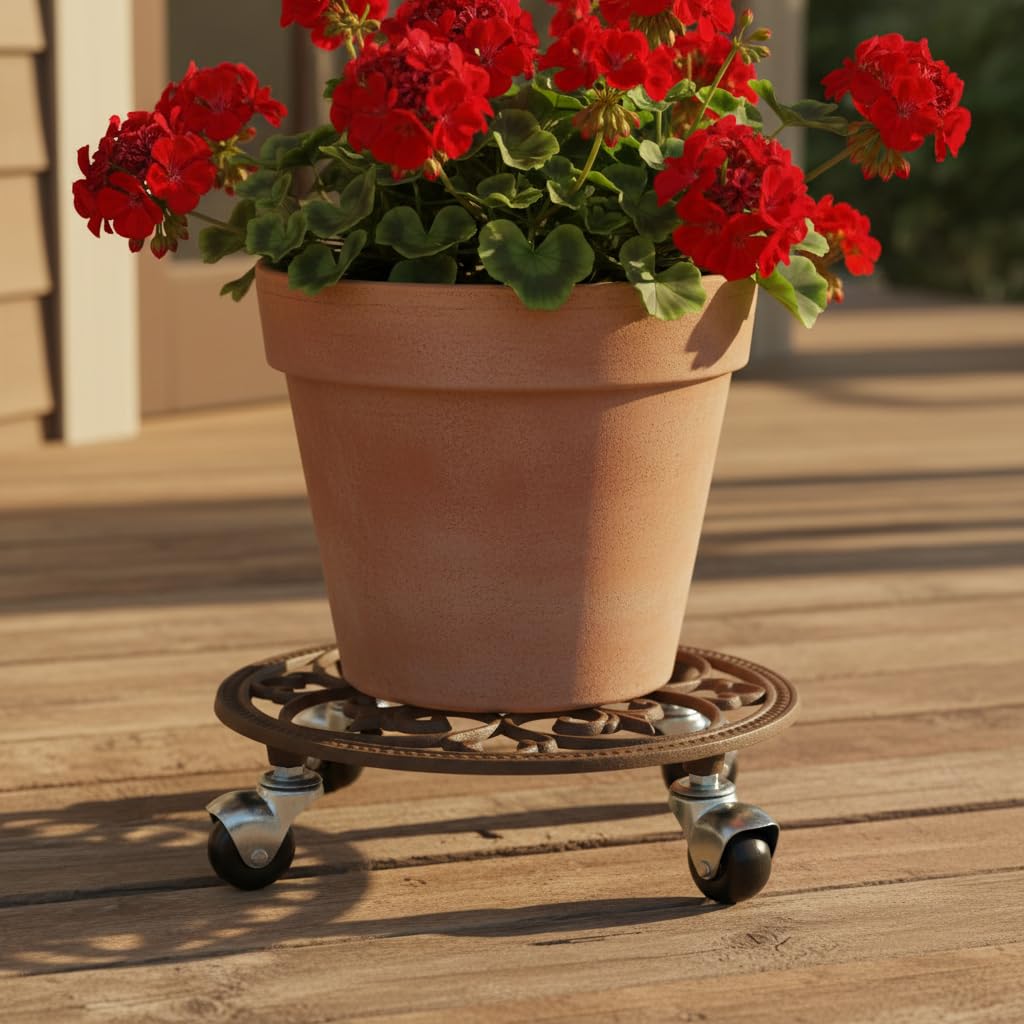 Comfy Hour 10 Inch Plant Caddy with Wheels, Cast Iron Round Trolley