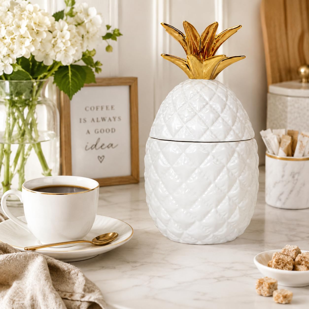 Comfy Hour Farmhouse Home Decor Collection 9" Pineapple Storage Jar Candy Jar Cookie Jar With Lid, High Gloss White and Gold Stoneware