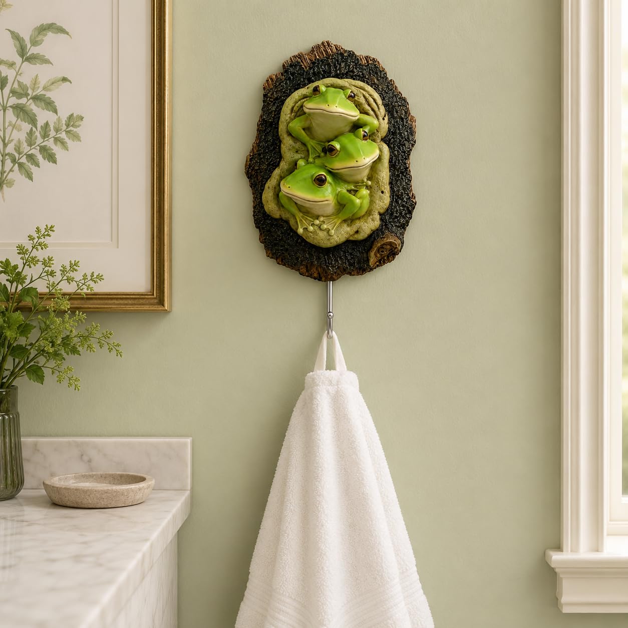 Comfy Hour 9.3 Inch Frog Figurine Wall Hanger, Tree Cavity Hook