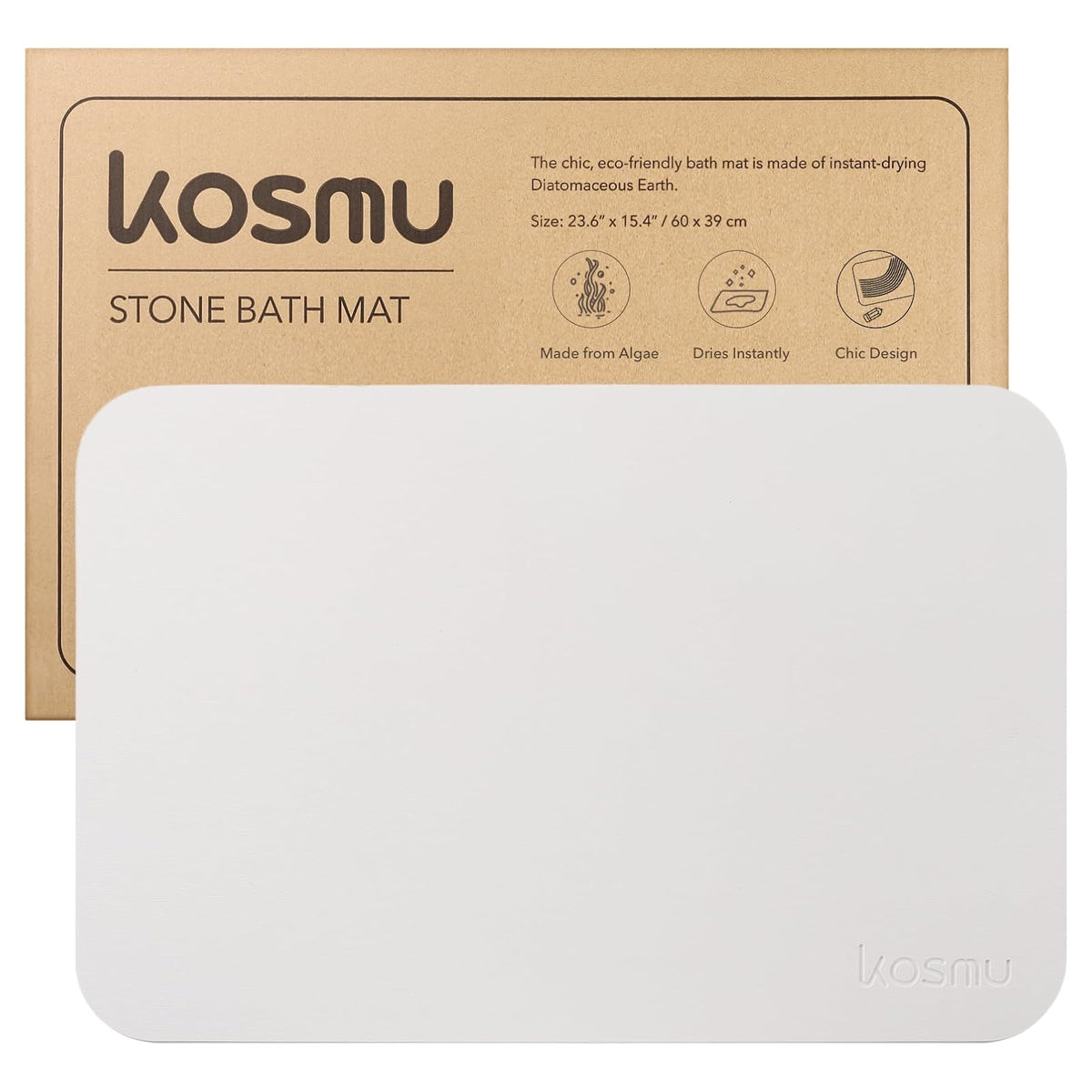 KOSMU Bathtub Shower Mat, 23.6" x 15.4" (Rectangular), Minimalist / Bone