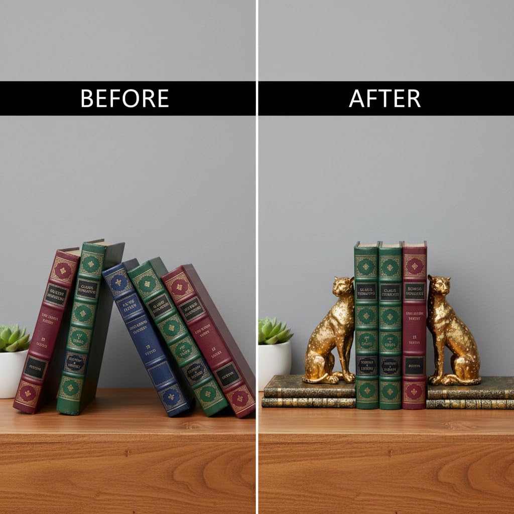 Comfy Hour Farmhouse Home Decor Collection Polyresin Solid Heavy Set of L/R Cheetah Art Bookends, 1 Pair, Gold
