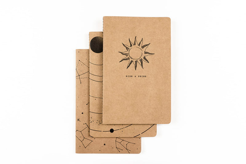 DENIK - Astronomy (3 Pack) - 8.25" x 5.25" Aesthetic Layflat Notebooks - 80 Lined Pages - Durable Binding and Design - Water-Resistent Soft Touch Cover - Made With Recycled Paper