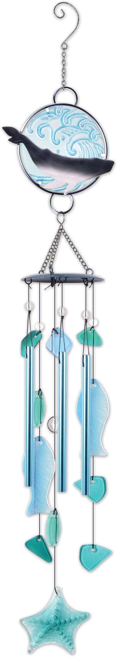 Sunset Vista Designs Windchimes - Handcrafted Glass and Metal Coastal Themed Wind Chime, 36-Inch, Whale