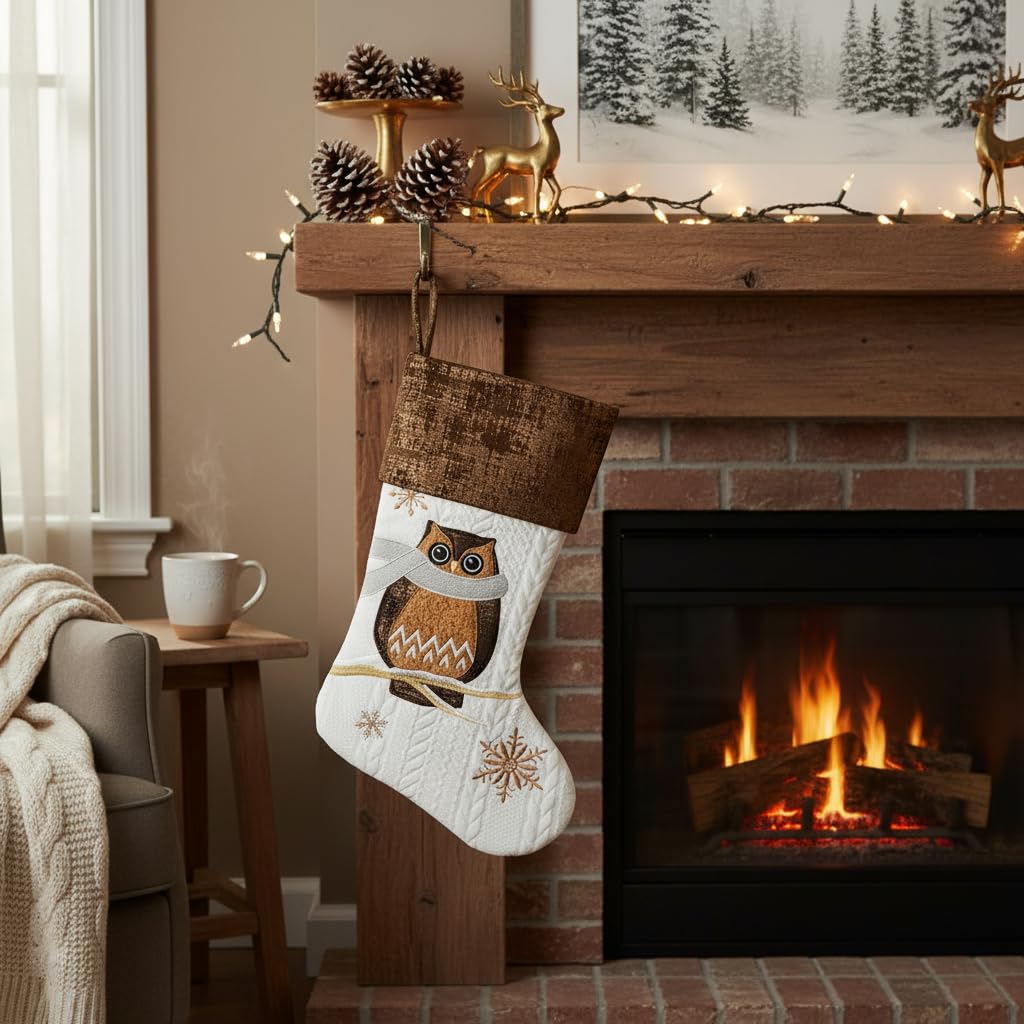 Comfy Hour 18 Inch Owl Christmas Stocking, Rustic Woodland Decor