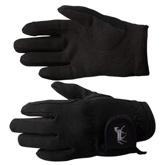 HORZE Kids' Unisex Stretchy Adjustable Horse Riding Equestrian Gloves with Suede Grip and Pony Design - Black - 5