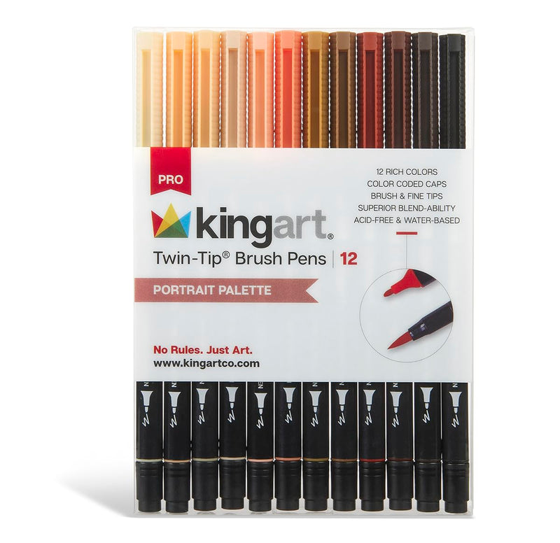 KINGART PRO Twin-Tip 445 Series Brush Pen Art Markers, PORTRAIT Collection, Set of 12 Unique & Vivid Colors