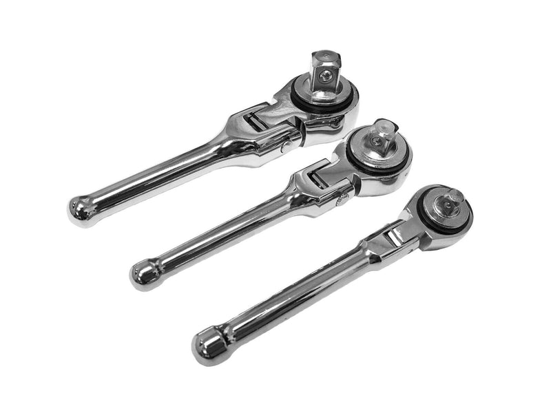 EZ Travel Collection 3 Piece Stubby Flexible Swivel Head Flex Head Ratchet Set- 3 Sizes (Chrome)