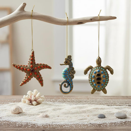 Comfy Hour Under The Sea Collection Set of 3 Resin Ocean Wild Animal Seahorse Starfish Turtle Christmas Tree Ornaments