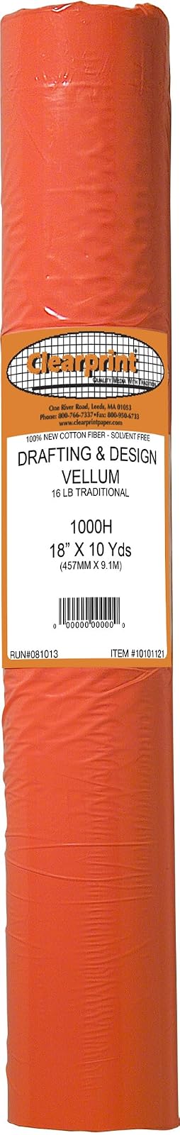 Chartpak Clearprint 1000H Design Vellum Roll, 16 lb., 100% Cotton, 18 Inches W x 10 Yards Long, 1 Each (10101121)