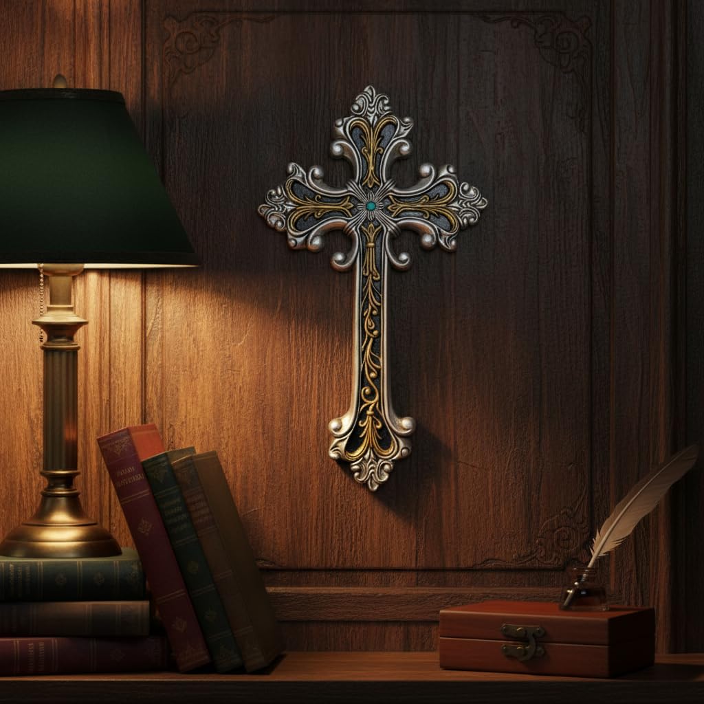 Comfy Hour Wall Art, 7.1"L x 1"W, Antique Silver and Gold with Turquoise-Colored
