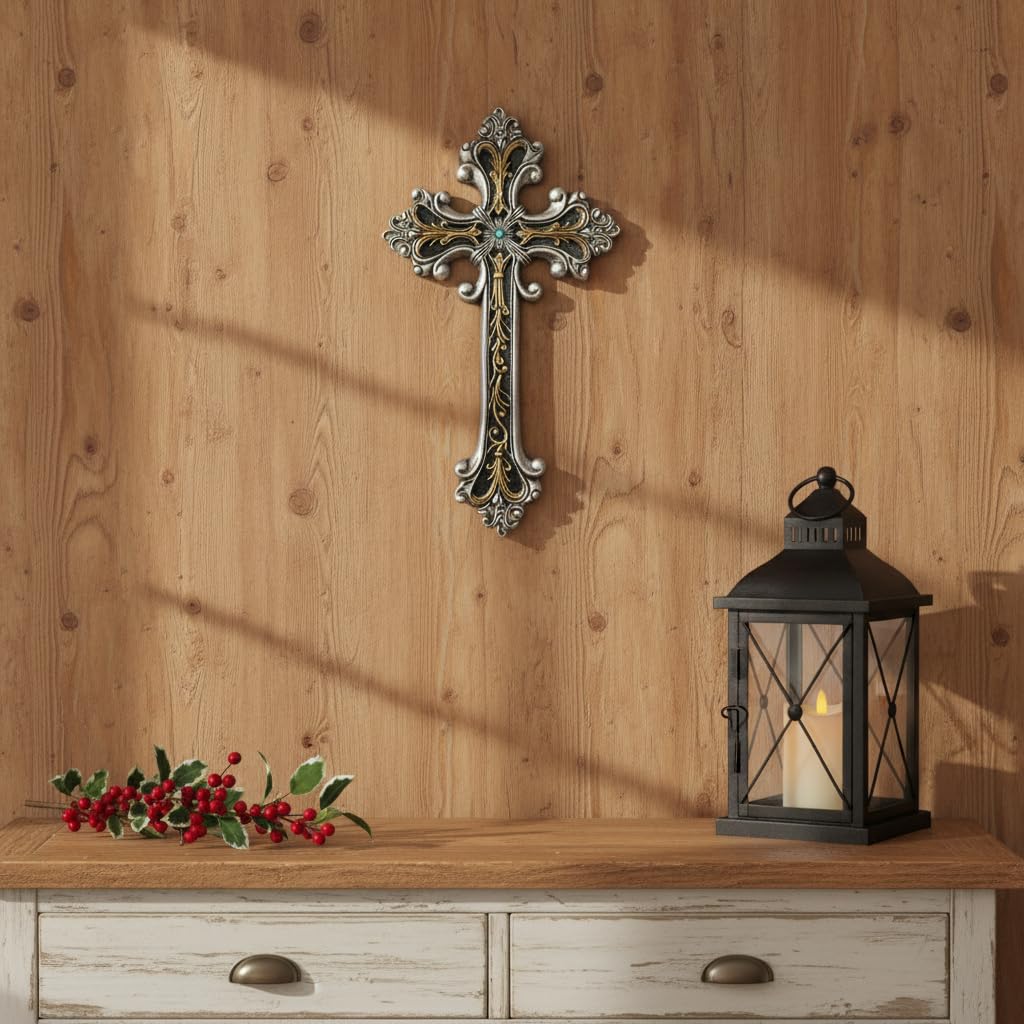 Comfy Hour Wall Art, 7.1"L x 1"W, Antique Silver and Gold with Turquoise-Colored
