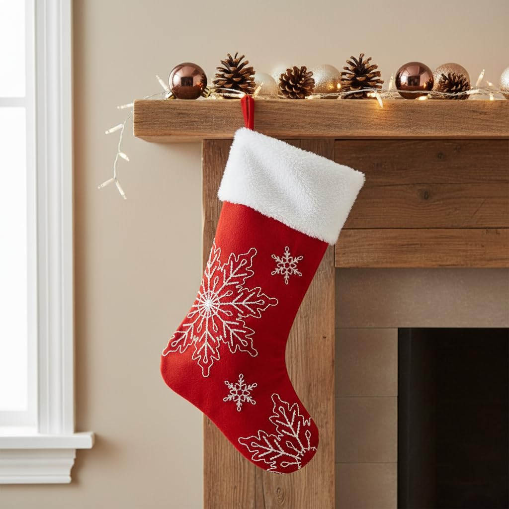 Comfy Hour Winter Holiday Home Collection 18"x11" Christmas Winter Snowflake Stocking, Red, Polyester