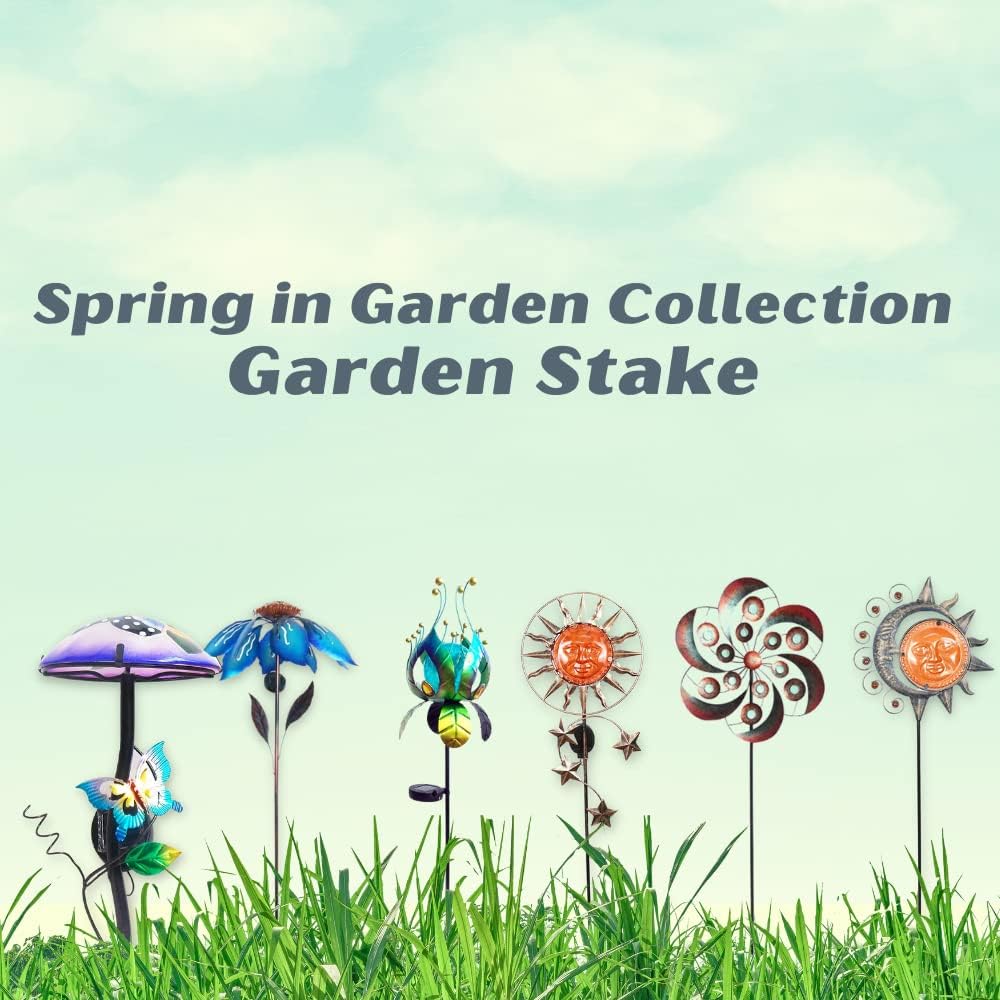 Comfy Hour Seed Soil and Yard Collection 58" Height Blue Leaves Metal Art Spinner with Solar Light Garden Stake