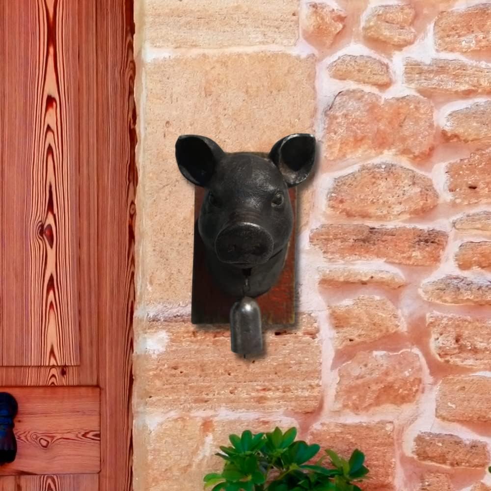 Comfy Hour Antique & Vintage Interior Decor Collection, Animal Edition 7" Pig Head Wall Ring Bell, Rusty Looking, Black Vintage Style, Dark Antique, Polyresin