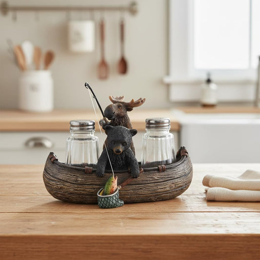 Comfy Hour 6.7 Inch Bear Salt and Pepper Shakers, Moose Canoe Holder