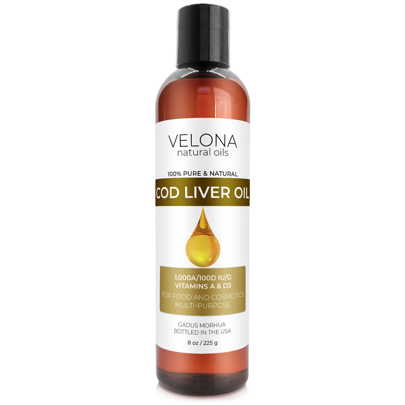 velona Cod Liver Oil - 8 oz | 1,000A/100D IU/g Omega 3 Vitamins A & D3 | Norwegian Arctic Sustainably Sourced Nordic Oil | Hair, Body and Skin Care | Use Today - Enjoy Results