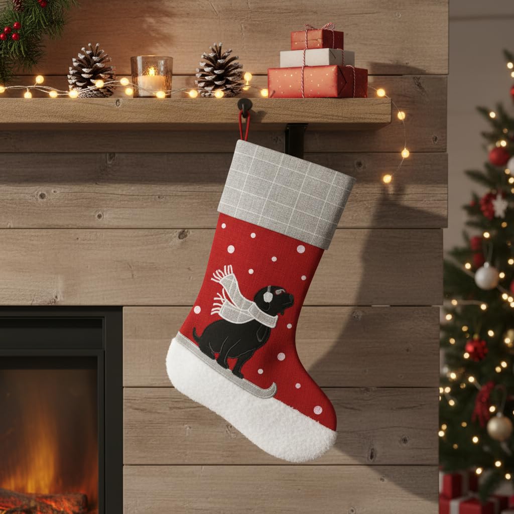 Comfy Hour Winter Holiday Home Collection 18"x11" Snowing Scarf Dog On Sleigh Stocking Christmas Decoration, Polyester