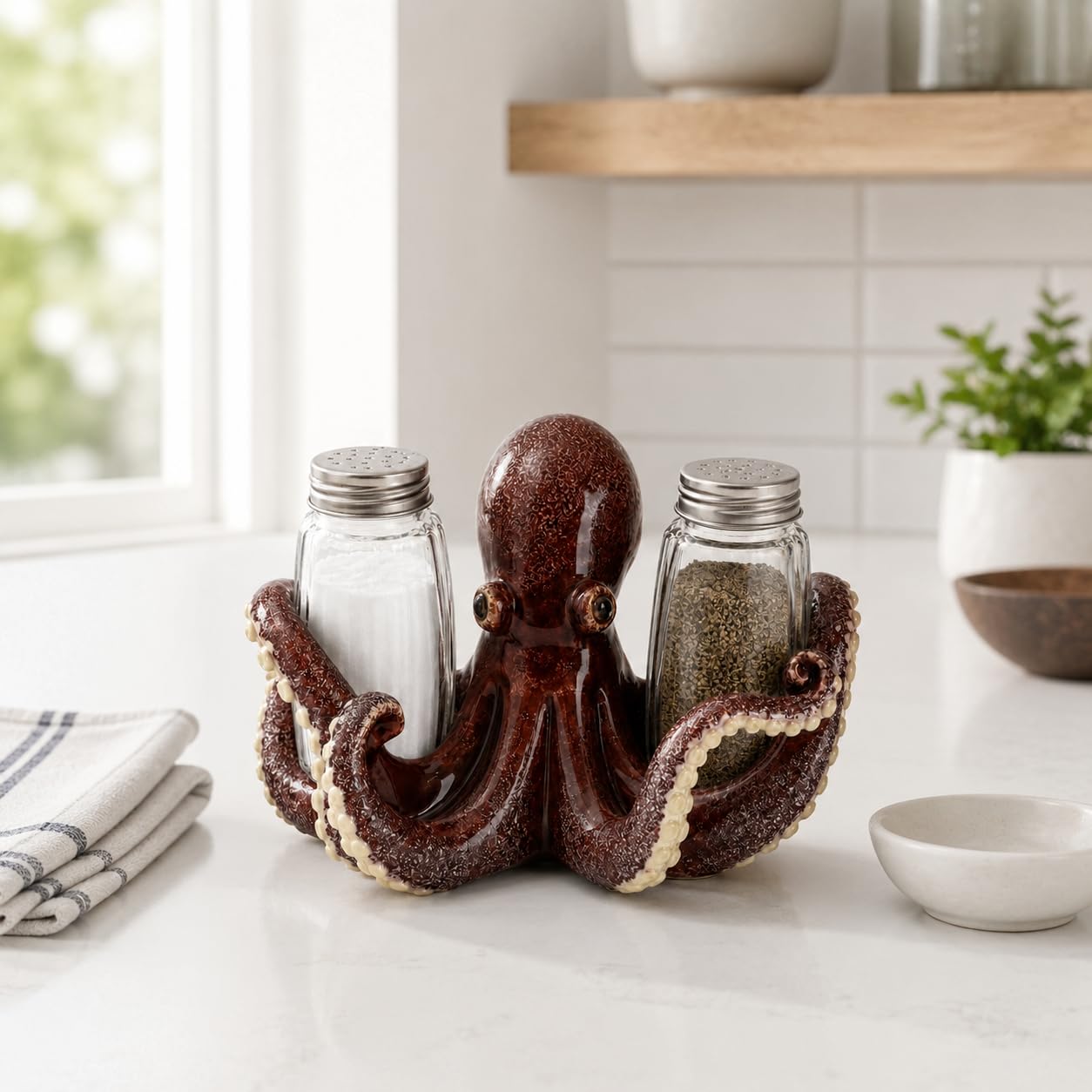 Comfy Hour 6 Inch Octopus Salt and Pepper Shakers, Red Holder
