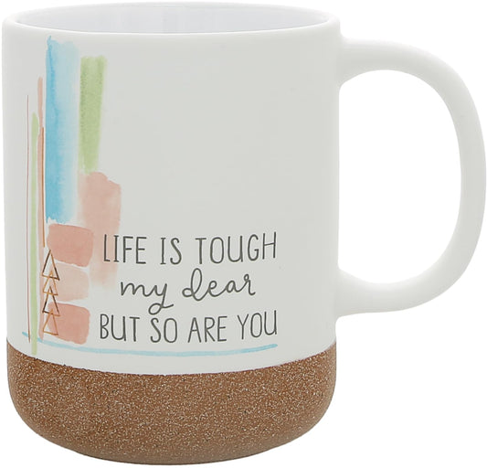 Pavilion Gift Company - Life Is Tough - 16-ounce Stoneware Mug with Sandy Glazed Bottom, Watercolor Striped Pattern, Large Handle Coffee Cup, Get Well Soon Gift, Survivor Gifts