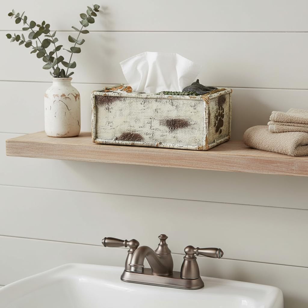 Comfy Hour 10 Inch Bear Tissue Box Cover, Rustic Birch Decor