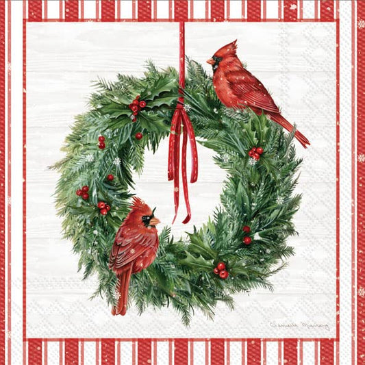 IHR Ideal Home Range Cocktail Disposable 3-Ply Paper Beverage Napkins, 5" x 5", Cardinal Wreath Countryside