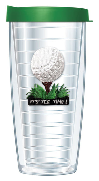 Freeheart Signature Tumblers It's Tee Time Emblem on Clear 22 Ounce Double-Walled Travel Tumbler Mug with Grass Green Easy Sip Lid