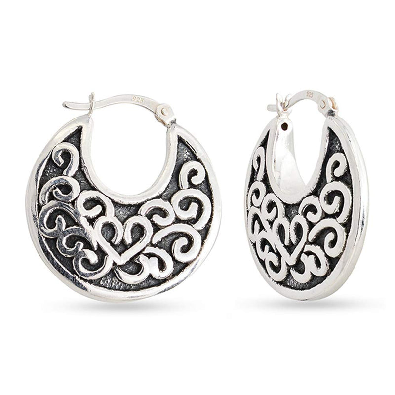 LeCalla Sterling Silver Jewelry Antique Finish Light Weight Tribal Filigree Hoop Earring for Women