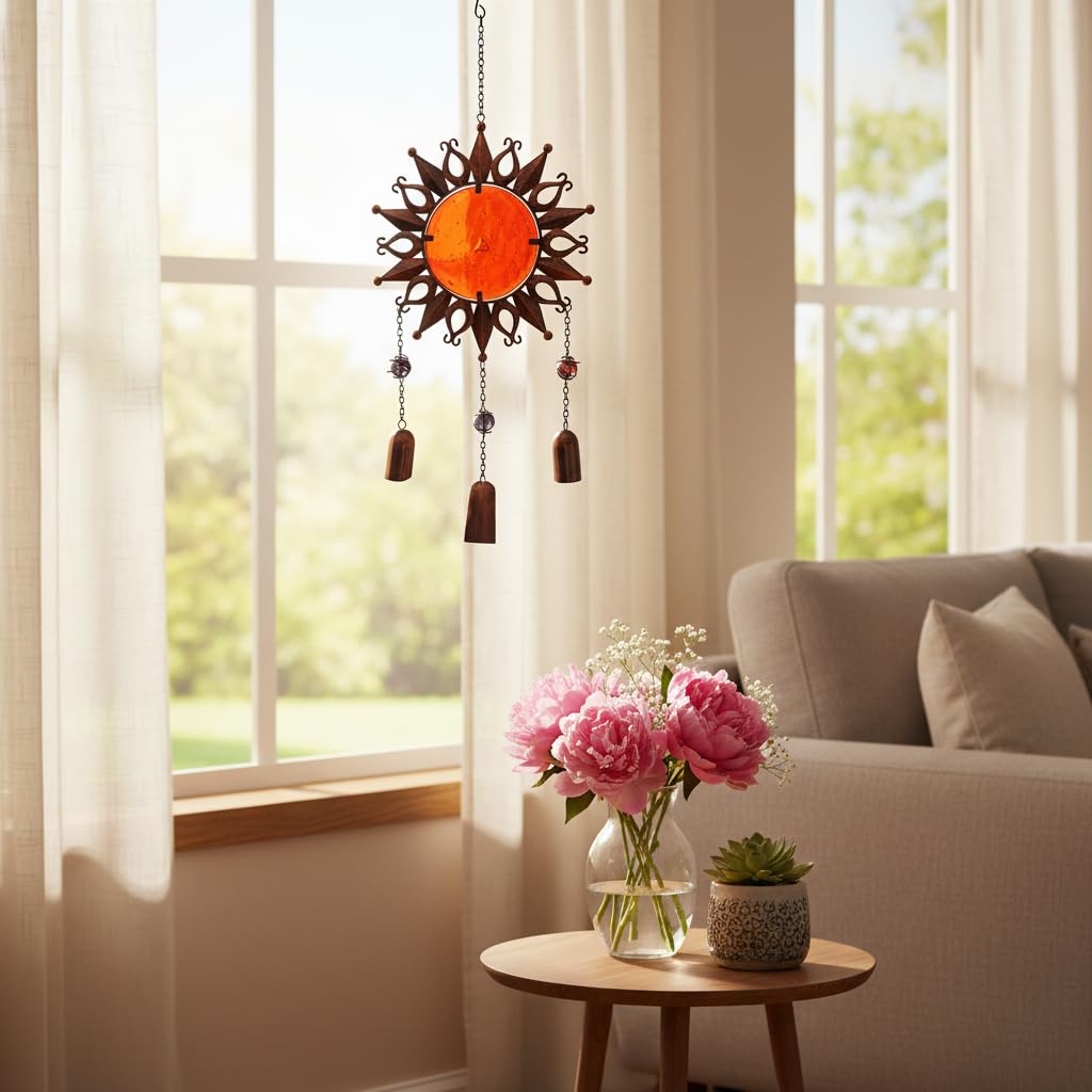 Comfy Hour Sun Moon Face Engraved Collection 23" Red Brown Copper Metal Art Sunface Hanging Wind Chime for Home and Garden