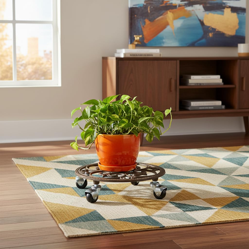 Comfy Hour 10 Inch Plant Caddy with Wheels, Cast Iron Round Trolley
