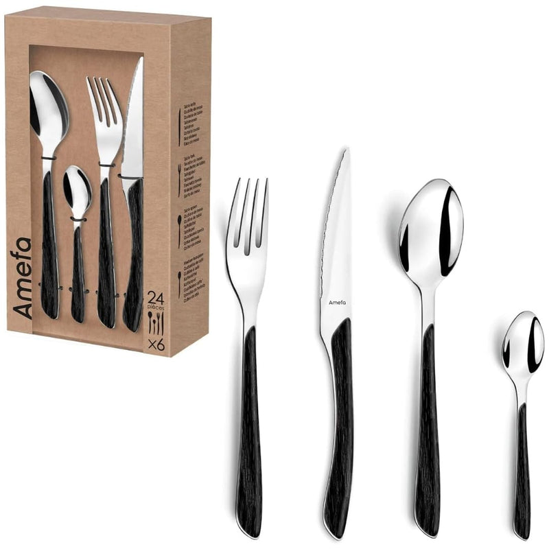 ECLAT Stainless Steel, High Polish Natural Black Wood, 24pc Set