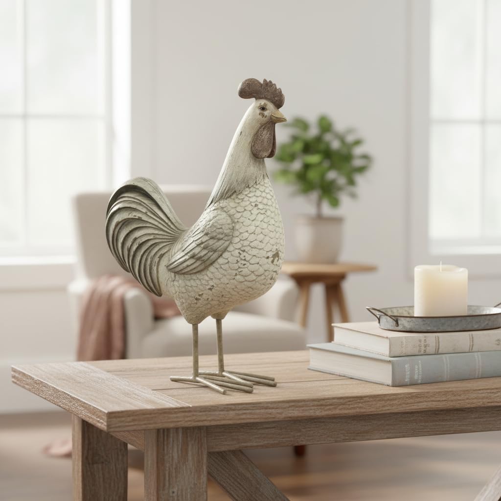 Comfy Hour Farmhouse Home Decor Collection 10" Countryside Standing Chicken Cock Rooster Figurine Farm Animal Statue, Grey Beige, Polyresin Decor