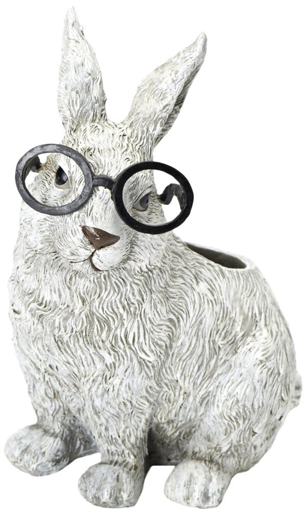 Roman Exclusive White Rabbit Wearing Silly Black Spectacles Planter 9-Inch Made of Dolomite/Resin