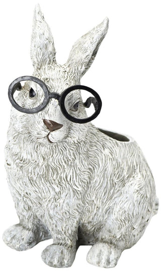 Roman Exclusive White Rabbit Wearing Silly Black Spectacles Planter 9-Inch Made of Dolomite/Resin